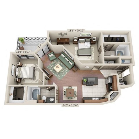A floor plan of a two-bedroom apartment with dimensions and furniture layout.